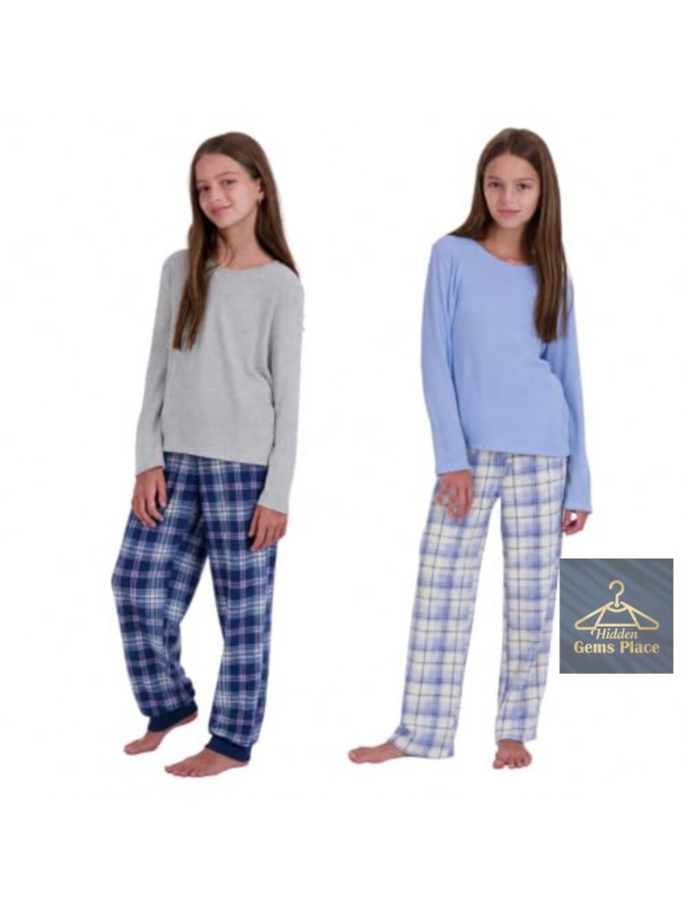 Girls 4 Piece Pajama Set Fleece Plaid Ribbed Jersey Tees
